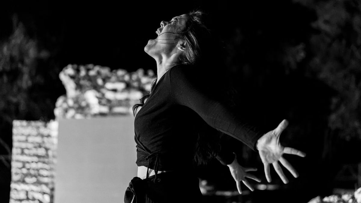 Intense performance captured in black and white at Butrint, Albania.